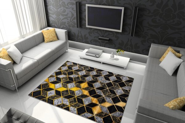 Dywany Łuszczów, Kusový koberec Gloss 400B 86 3D geometric black/gold, 140x190, černá, kancelář