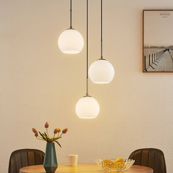 Lindby Závěsné svítidlo Jurian, Ø 32 cm, 3 světla, nikl/opál, sklo, stmívatelný, Bílá / opál, Obývací pokoj / jídelna, Sklo, Moderní