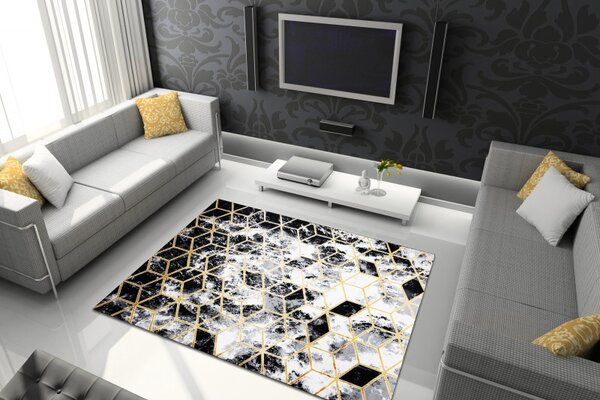 Dywany Łuszczów, Kusový koberec Gloss 409A 82 3D cubes black/gold/grey, 80x150, černobílá, kancelář