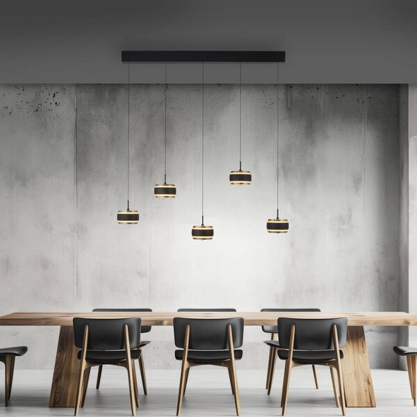 PURE LED závěsné světlo Falling Rings černá délka 101 cm 5-fl., stmívatelný, Černá, Obývací pokoj / jídelna, kov, Moderní