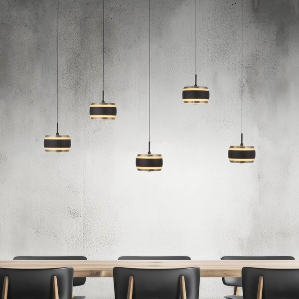 PURE LED závěsné světlo Falling Rings černá délka 101 cm 5-fl., stmívatelný, Černá, Obývací pokoj / jídelna, kov, Moderní