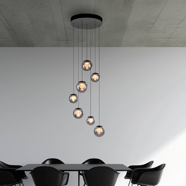 PURE LED závěsné světlo Popup, šedá/kouřově šedá, Ø 40 cm, 7 svítidel., stmívatelný, Hliník / šedá / zinek, Obývací pokoj / jídelna, Hliník