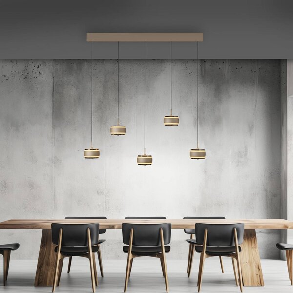 PURE LED závěsné světlo Falling Rings, bronzová barva, délka 101 cm, 5 žárovek., stmívatelný, Bronz / starožitná mosaz, Obývací pokoj / jídelna, kov, Moderní