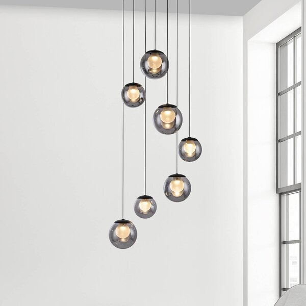 PURE LED závěsné světlo Popup, šedá/kouřově šedá, Ø 40 cm, 7 svítidel., stmívatelný, Hliník / šedá / zinek, Obývací pokoj / jídelna, Hliník