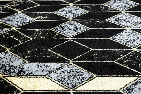 Dywany Łuszczów, Běhoun Gloss 400B 86 3D geometric black/gold, 60x300, černá, obývací pokoj