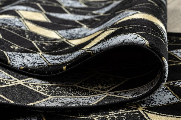 Dywany Łuszczów, Běhoun Gloss 400B 86 3D geometric black/gold, 60x300, černá, obývací pokoj