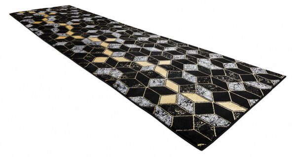 Dywany Łuszczów, Běhoun Gloss 400B 86 3D geometric black/gold, 60x300, černá, obývací pokoj