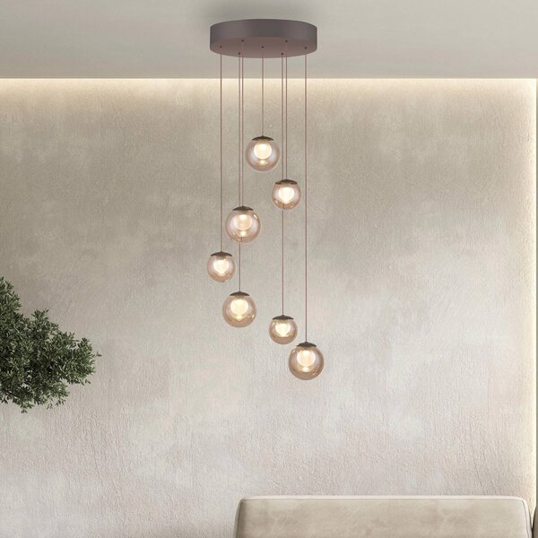 PURE LED závěsné světlo Popup, bronzová/jantarová Ø 40 cm, 7 svítidel., stmívatelný, Bronz / starožitná mosaz, Obývací pokoj / jídelna, Hliník