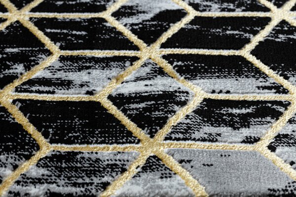 Dywany Łuszczów, Běhoun Gloss 409A 82 3D cubes black/gold/grey, 70x200, černá, obývací pokoj