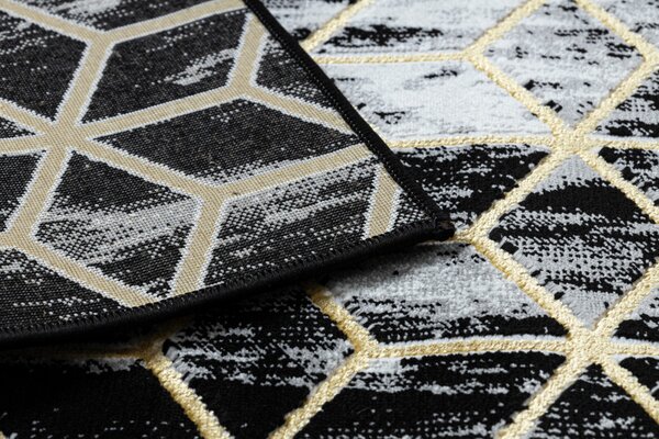Dywany Łuszczów, Běhoun Gloss 409A 82 3D cubes black/gold/grey, 70x200, černá, obývací pokoj