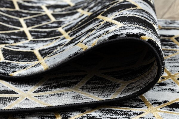 Dywany Łuszczów, Běhoun Gloss 409A 82 3D cubes black/gold/grey, 70x200, černá, obývací pokoj