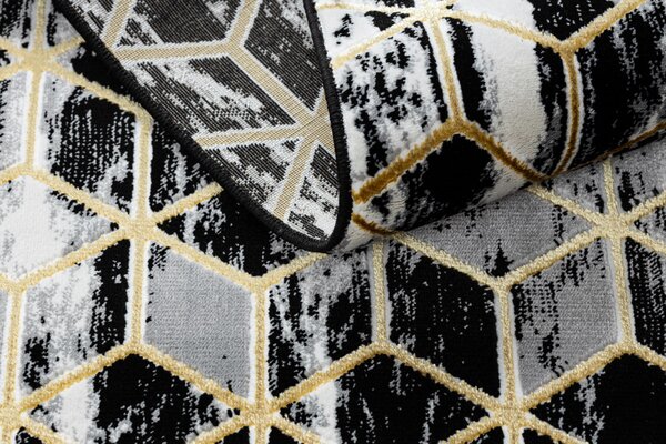Dywany Łuszczów, Běhoun Gloss 409A 82 3D cubes black/gold/grey, 70x200, černá, obývací pokoj
