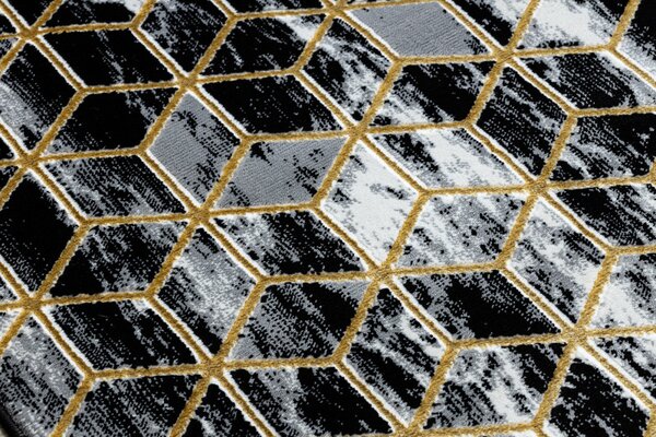 Dywany Łuszczów, Běhoun Gloss 409A 82 3D cubes black/gold/grey, 70x200, černá, obývací pokoj