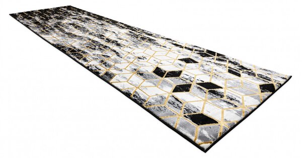 Dywany Łuszczów, Běhoun Gloss 409A 82 3D cubes black/gold/grey, 70x200, černá, obývací pokoj
