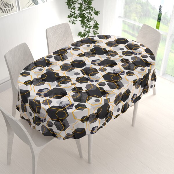 Biante Bavlněný oválný ubrus Sandra SA-568 Šedo-modrofialové mramorové hexagony na bílém 50x100 cm