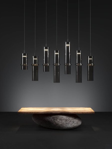 Brokis Designové závěsné svítidlo Bamboo forest single S, PC1327 Stmívání, řízení: ON/OFF (bez stmívání), Barva skla: Hnědá kouřová - transparentní sklo, Povrchová úprava baldachýnu: Kov - černý matovaný komaxit se strukturou