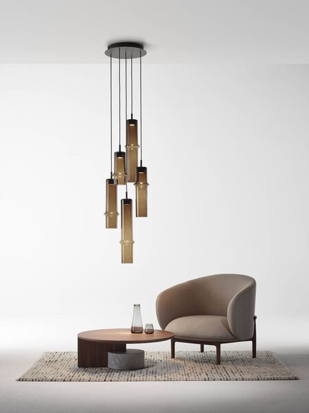 Brokis Designové závěsné svítidlo Bamboo forest single S, PC1327 Stmívání, řízení: ON/OFF (bez stmívání), Barva skla: Hnědá kouřová - transparentní sklo, Povrchová úprava baldachýnu: Kov - černý matovaný komaxit se strukturou