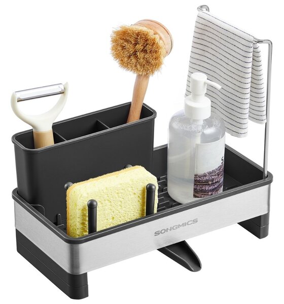 Organizér na dřez SINK s odkapávačem, stříbrná/černá SongmicsHome