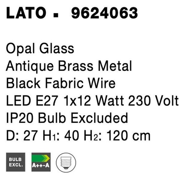 Nova Luce Závěsné svítidlo LATO opálové sklo antický mosazný kov černý kabel E27 1x12W