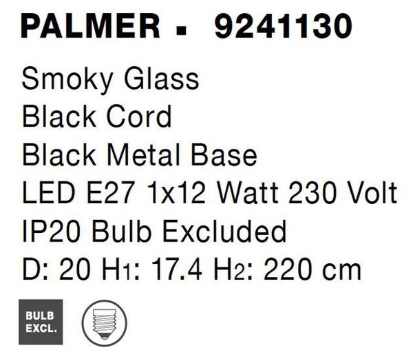 Nova Luce Závěsné svítidlo PALMER kouřové sklo černý kabel černá kovová základna E27 1x12W