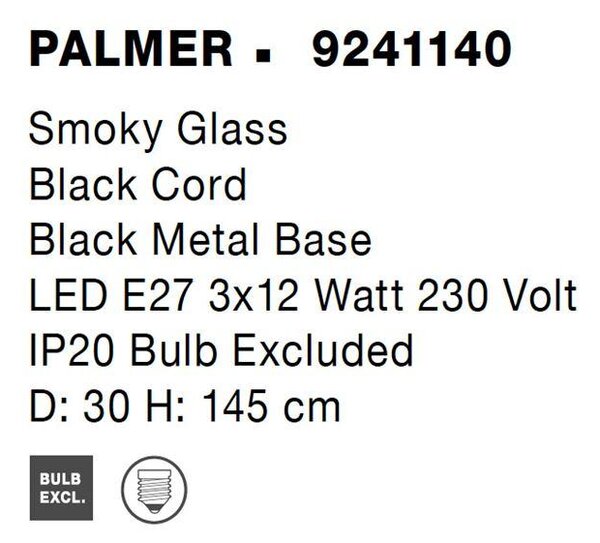 Nova Luce Závěsné svítidlo PALMER kouřové sklo černý kabel černá kovová základna E27 3x12W