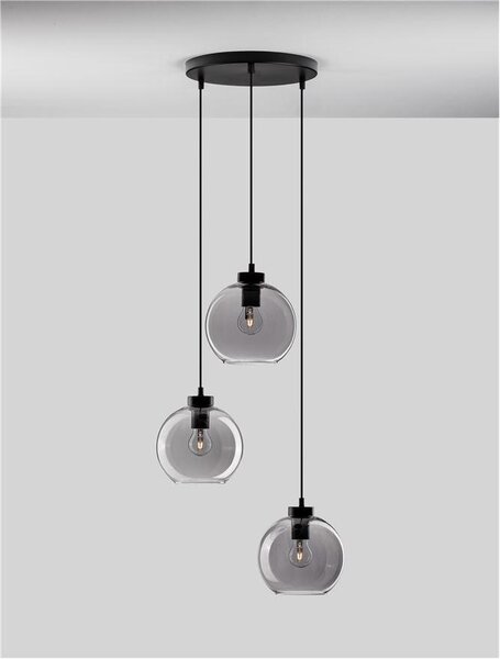 Nova Luce Závěsné svítidlo PALMER kouřové sklo černý kabel černá kovová základna E27 3x12W