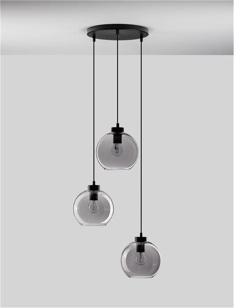 Nova Luce Závěsné svítidlo PALMER kouřové sklo černý kabel černá kovová základna E27 3x12W