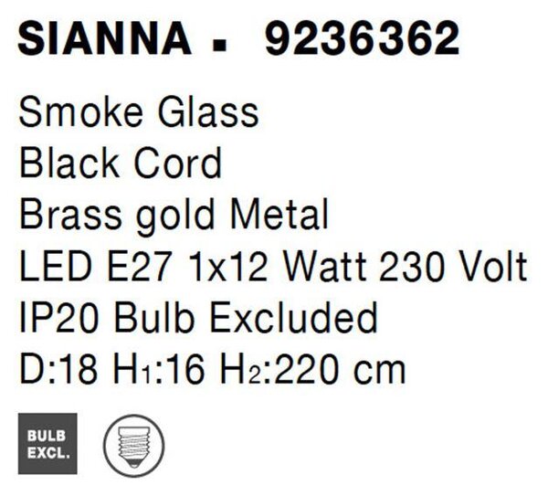 Nova Luce Závěsné svítidlo SIANNA kouřové sklo mosazný zlatý kov E27 1x12W