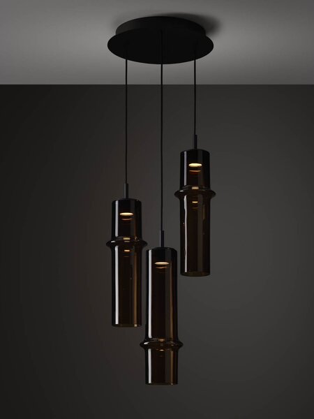 Brokis Designové závěsné svítidlo Bamboo forest down M, PC1329 Stmívání, řízení: ON/OFF (bez stmívání), Barva skla: Hnědá kouřová - transparentní sklo, Povrchová úprava baldachýnu: Kov - černý matovaný komaxit se strukturou
