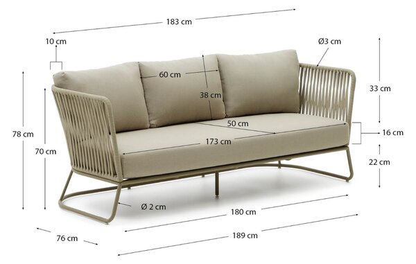 Kave Home Zelená kovová zahradní pohovka Saconca 189 cm