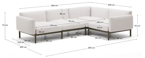 Kave Home Zahradní rohová pohovka Sorells 292 cm se zelenou podnoží, levá/pravá