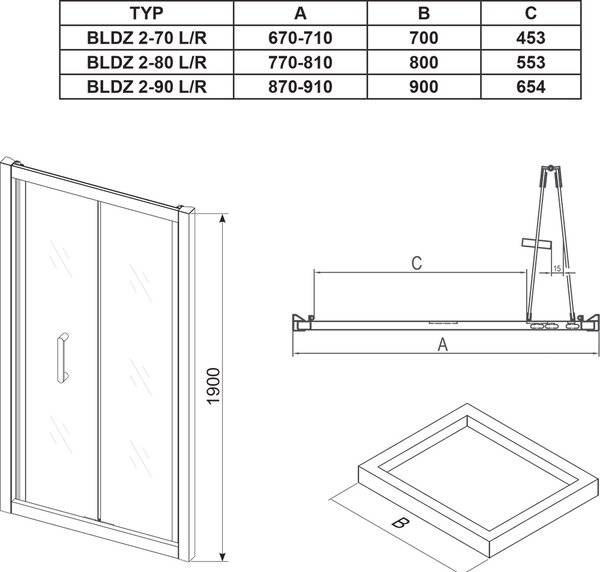 Ravak Sprchové dveře zlamovací dvoudílné 70 cm, bright alu, BLDZ2-70 TRANSPARENT X01H10C00Z1 BLDZ2-70 TRANSPARENT