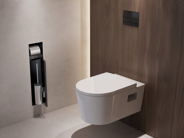 Hansgrohe XtraStoris Rock Zapuštěný držák na WC kartáč s držákem na toaletní papír a dvířky pro obklady, matná černá 56062670