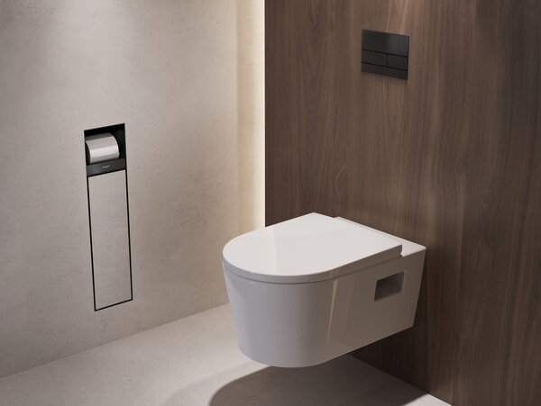 Hansgrohe XtraStoris Rock Zapuštěný držák na WC kartáč s držákem na toaletní papír a dvířky pro obklady, matná černá 56062670