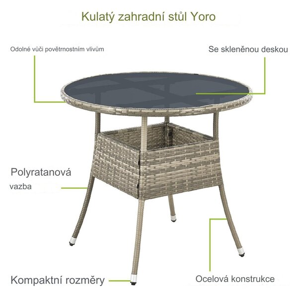 Juskys Ratanový kulatý stůl Yoro Ø80 cm - šedý