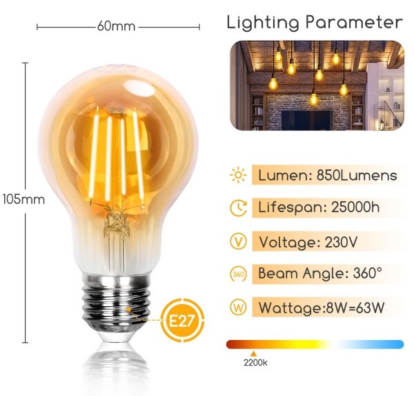 LED Žárovka A60 E27/8W/230V 2200K - Aigostar