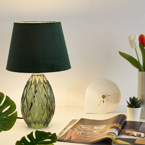 Pauleen Crystal Velvet stolní lampa, skleněná noha, Zelená, Obývací pokoj / jídelna, Sklo, Moderní