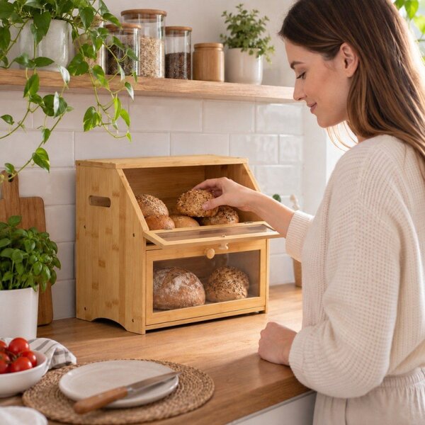 Chlebník dvoupatrový 39x25x32 cm SPRINGOS Natura KI0162 přírodní