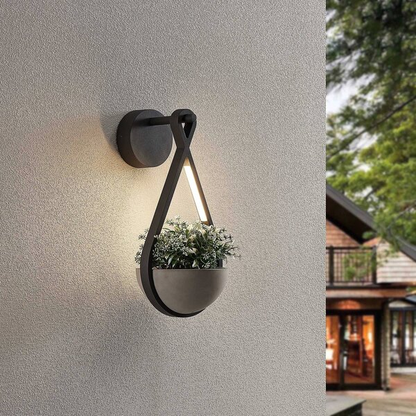 Lucande LED venkovní nástěnné svítidlo Florka, přírodní kámen, závěsný koš, Hliník / šedá / zinek, Hliník, Moderní