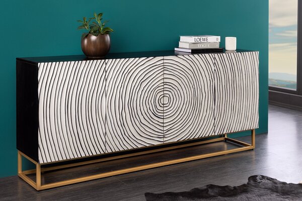 Příborník ZEN CIRCLE 180cm 3D mangovníkové dřevo černá bílá