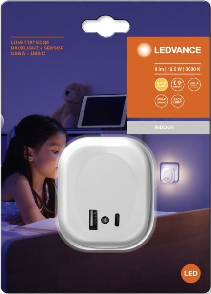 Ledvance- LED Noční svítidlo do zásuvky se senzorem a USB LUNETTA LED/12,5W/230V