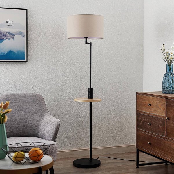 Lindby Stojací lampa Zinia, černá, police, připojení USB, Černá, Obývací pokoj / jídelna, kov, Moderní