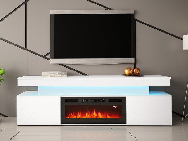 TV stolek s elektrickým krbem USOA - lesklý bílý / matný bílý + LED osvětlení ZDARMA