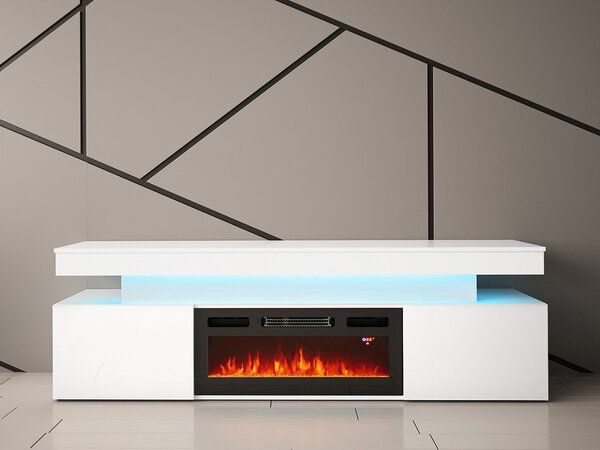 TV stolek s elektrickým krbem USOA - lesklý bílý / matný bílý + LED osvětlení ZDARMA