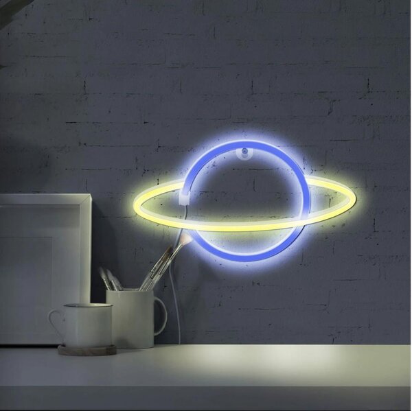 LED Neonová nástěnná dekorace PLANET LED/3W/3xAA USB modrá/žlutá