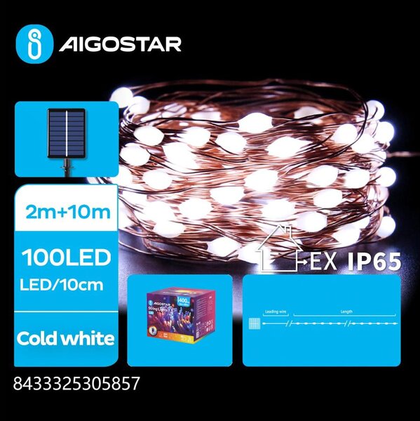 Aigostar - LED Solární řetěz 100xLED/8 funkcí 12m IP65 studená bílá