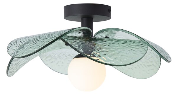 Designové stropní svítidlo černé se zeleným žebrovaným sklem - Kemner