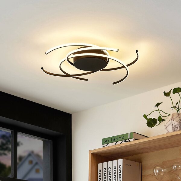 Lindby LED stropní svítidlo, Hamza, Ø 49 cm, černé, hliník, stmívatelný, Černá, Obývací pokoj / jídelna, kov, Moderní