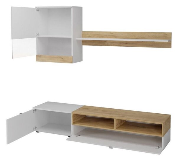 Obývací stěna s LED osvětlením LIDIJA - bílá / tmavá borovice