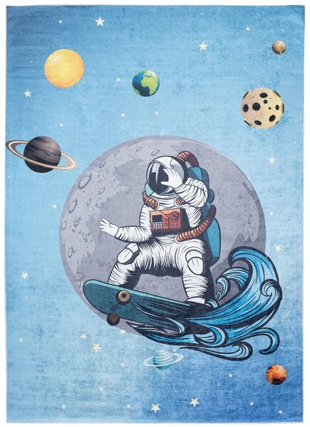 Makro Abra Dětský kusový koberec vhodný k praní BAMBINO 2236 Kosmonaut Vesmír Planety protiskluzový modrý Rozměr: 80x150 cm